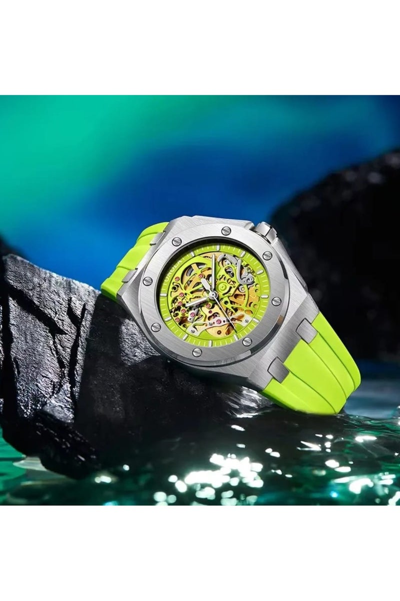 أونولا ساعة ONOLA أوتوماتيكية بدون بطارية، سوار سيليكون ناعم، تصميم هيكل عظمي عصري باللون الأخضر، مقاومة للماء - Image 4