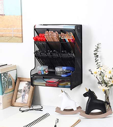 PAG Desk Organizer with Drawer Office Supplies and Accessories Storage Caddy Hanging Wall Shelf Metal Mesh Pencil Holder for Kids, 9 Compartments, Black - Image 5