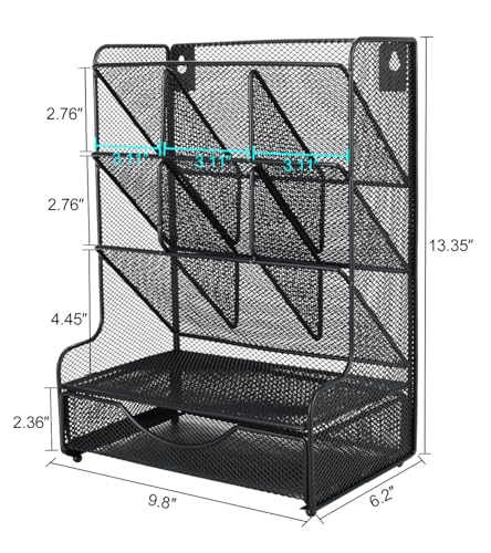 PAG Desk Organizer with Drawer Office Supplies and Accessories Storage Caddy Hanging Wall Shelf Metal Mesh Pencil Holder for Kids, 9 Compartments, Black - Image 4