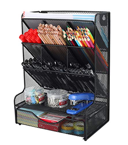 PAG Desk Organizer with Drawer Office Supplies and Accessories Storage Caddy Hanging Wall Shelf Metal Mesh Pencil Holder for Kids, 9 Compartments, Black - Image 1