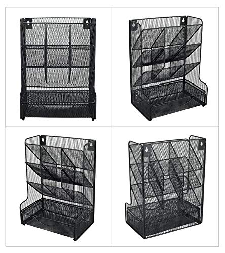 PAG Desk Organizer with Drawer Office Supplies and Accessories Storage Caddy Hanging Wall Shelf Metal Mesh Pencil Holder for Kids, 9 Compartments, Black - Image 3
