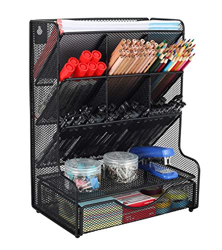 PAG Desk Organizer with Drawer Office Supplies and Accessories Storage Caddy Hanging Wall Shelf Metal Mesh Pencil Holder for Kids, 9 Compartments, Black - Image 2