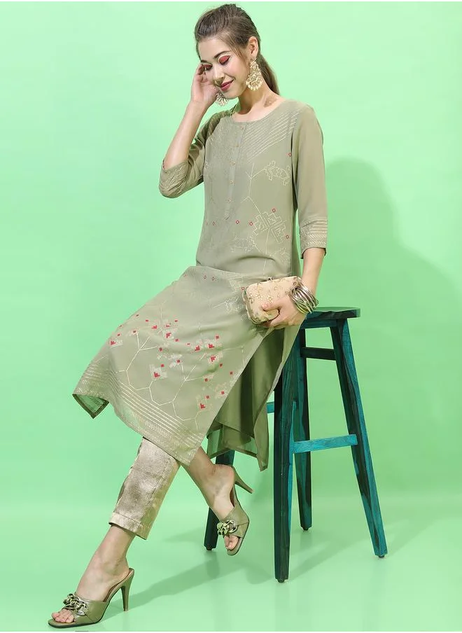 Vishudh Women Olive Green & Red Geometric Printed Georgette Kurta by Styli