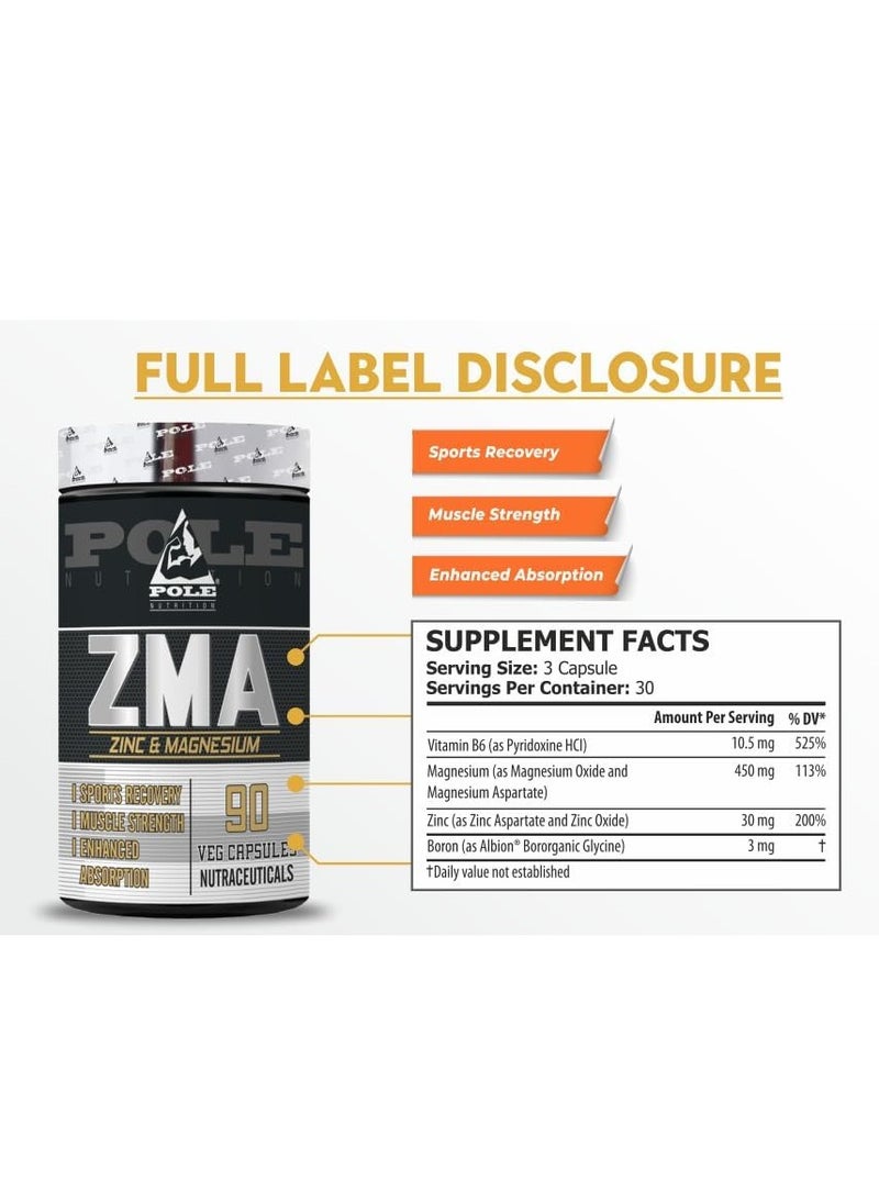 POLE NUTRITION - ZMA 90 Veg Capsules (45 Servings) - Zinc, Magnesium & Vitamin B6 for Muscle Recovery & Sleep Support - Image 1