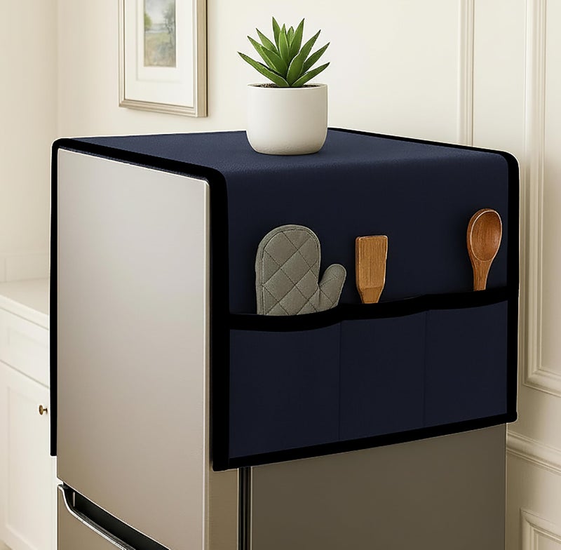 Fancy Walas Refrigerator Single Door Waterproof, Dustproof, Refrigerator Top Cover, Protective Cover for Fridges with Extra Storage Space Nylon Top cover with 6 Storage Pockets (Navy Blue,130 x 54 cm) - Image 1