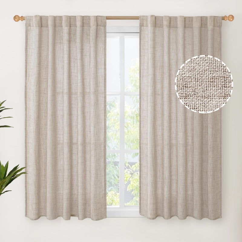 YoungsTex Linen Curtains 48 Inch Length for Living Room Window, Short Natural Semi Sheer Drapes with Rod Pocket Back Tab Light Filtering for Bathroom Bedroom, 2 Panels, 42 X 48 Inch - Image 1
