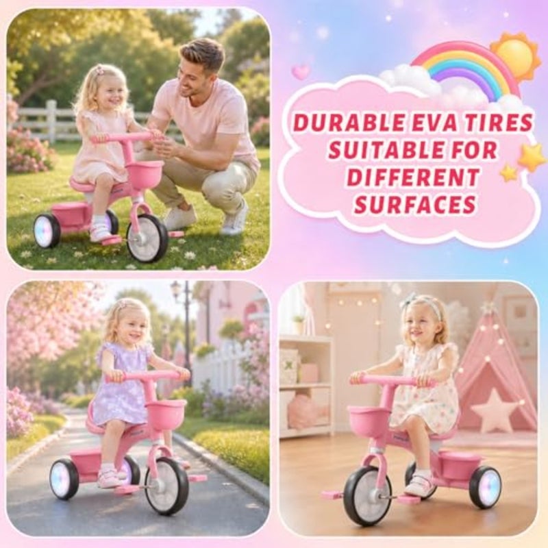 Outdoor toddler tricycle for 1-3 and 3-5 year olds, steel frame, red and white, adjustable seat height and light-up wheels with dual baskets - Image 4