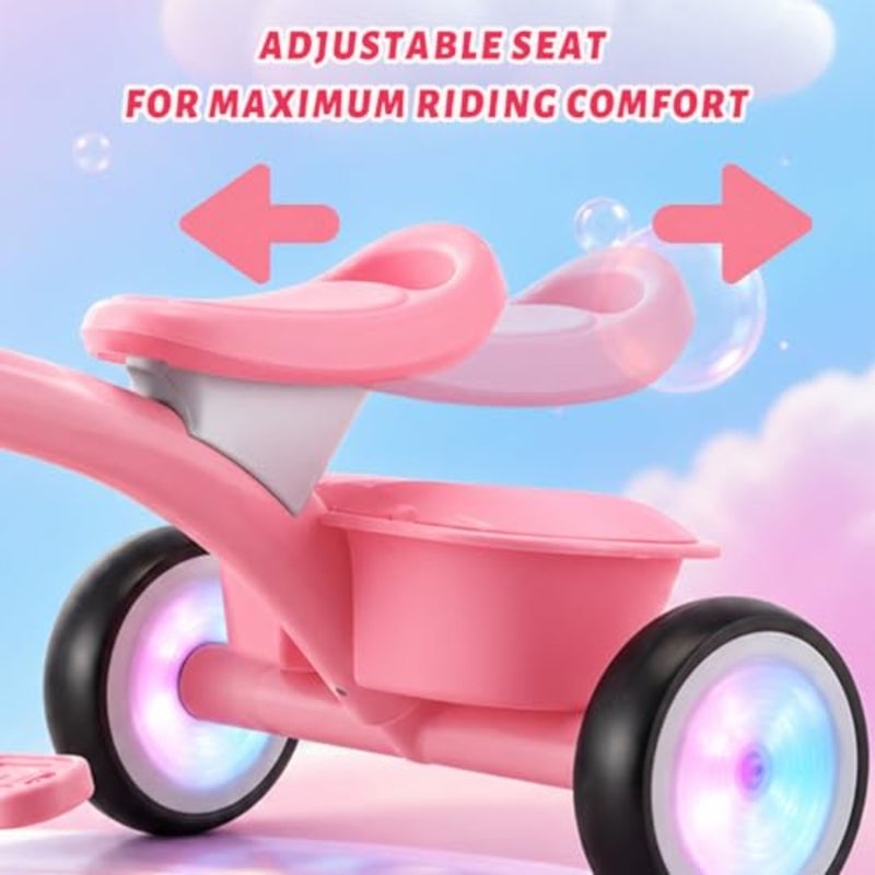 Outdoor toddler tricycle for 1-3 and 3-5 year olds, steel frame, red and white, adjustable seat height and light-up wheels with dual baskets - Image 5