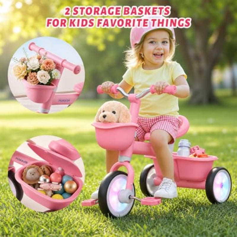 Outdoor toddler tricycle for 1-3 and 3-5 year olds, steel frame, red and white, adjustable seat height and light-up wheels with dual baskets - Image 2