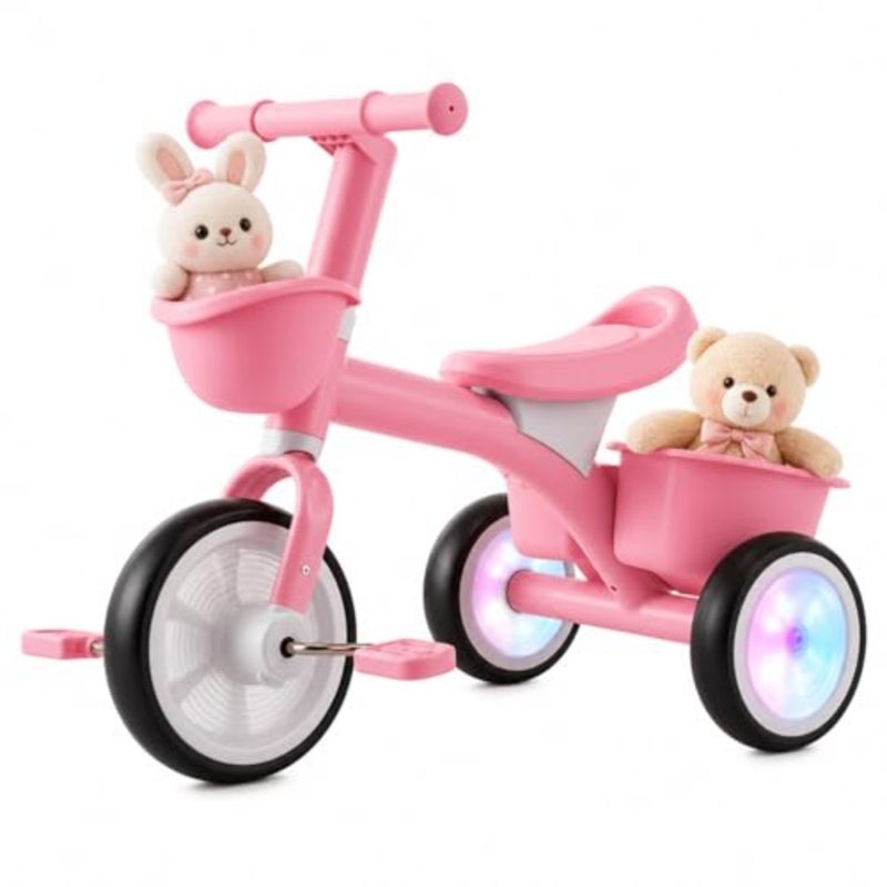 Outdoor toddler tricycle for 1-3 and 3-5 year olds, steel frame, red and white, adjustable seat height and light-up wheels with dual baskets - Image 1
