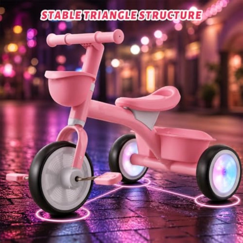 Outdoor toddler tricycle for 1-3 and 3-5 year olds, steel frame, red and white, adjustable seat height and light-up wheels with dual baskets - Image 3