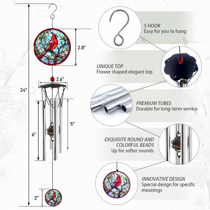Howarmer Wind Chimes for Outside 24" Cardinal Wind Chimes Outdoor Home Patio Garden Decor Windchimes Outdoors Cardinal Gifts for Women Mom Grandma Sisters - Image 3