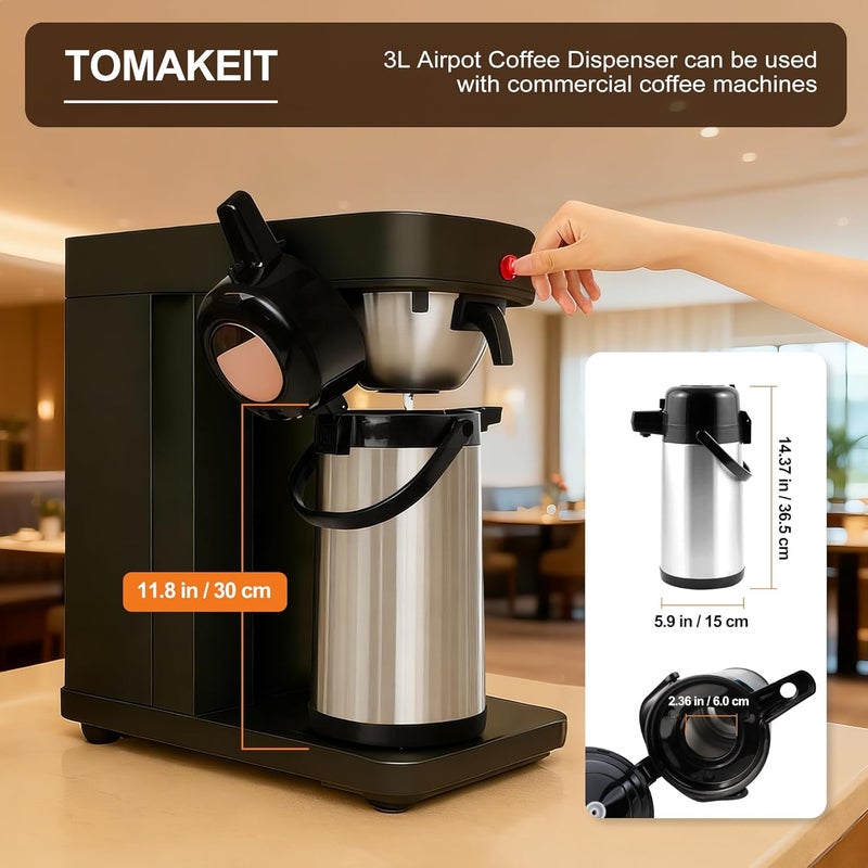  TOMAKEIT Airpot Coffee Carafe for Keeping Hot,102oz/3L Coffee Dispenser Thermal with Pump,Insulated Stainless Steel Hot Beverage Dispenser for Parties,Thermal Carafe for Hot Drinks Water Tea Chocolate - Image 2