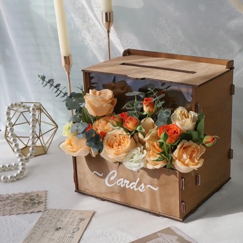 OurWarm Wooden Wedding Card Box with Flower Trough Brown Gift Card Box for Wedding with Acrylic Board Wedding Card Boxes for Reception Rustic Wedding Decor for Graduation Baby Showers Birthday Party - Image 1