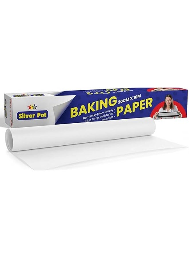 Silver Pot Baking Paper Roll 10 Meter x 30cm, Non-Stick Parchment Paper for Baking Cooking & Wrapping, Oven Safe & Food Grade Baking Sheet Liners - Image 1