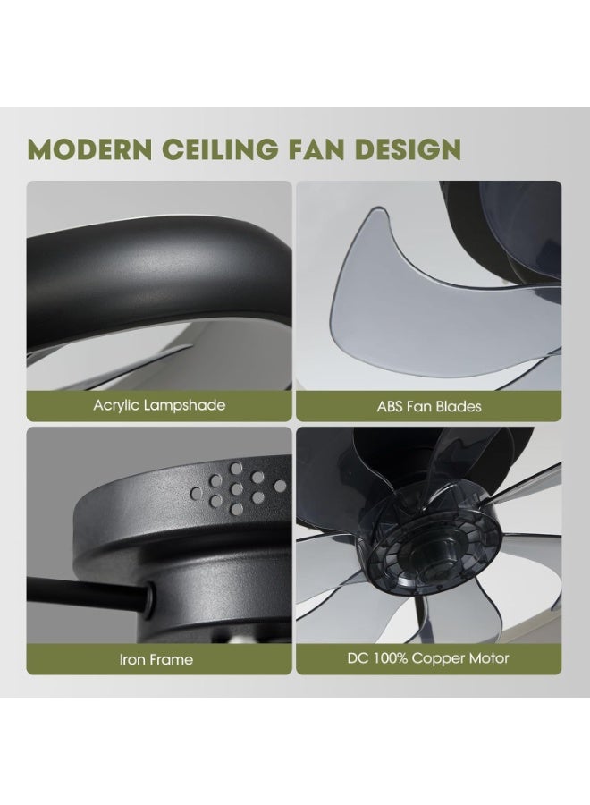 YOUWE7 مراوح سقف YOUWE7 مزودة بإضاءة وجهاز تحكم عن بعد، مروحة سقف منخفضة الارتفاع مقاس 20 بوصة مزودة بإضاءة، 6 سرعات للرياح، مروحة سقف LED حديثة قابلة للتعتيم، مروحة سقف ذكية لغرفة النوم وغرفة الأطفال (أسود) - Image 4