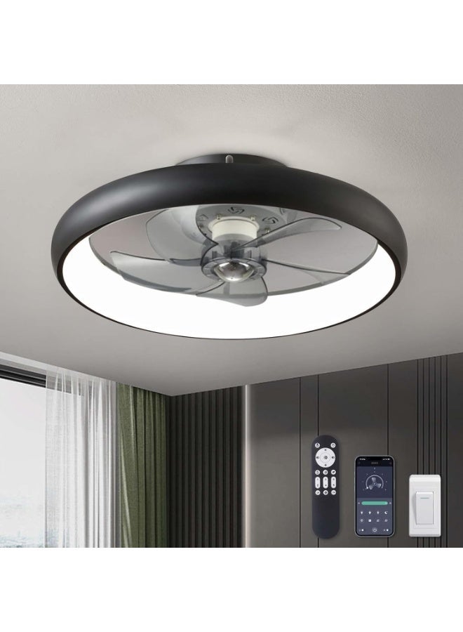 YOUWE7 مراوح سقف YOUWE7 مزودة بإضاءة وجهاز تحكم عن بعد، مروحة سقف منخفضة الارتفاع مقاس 20 بوصة مزودة بإضاءة، 6 سرعات للرياح، مروحة سقف LED حديثة قابلة للتعتيم، مروحة سقف ذكية لغرفة النوم وغرفة الأطفال (أسود) - Image 1