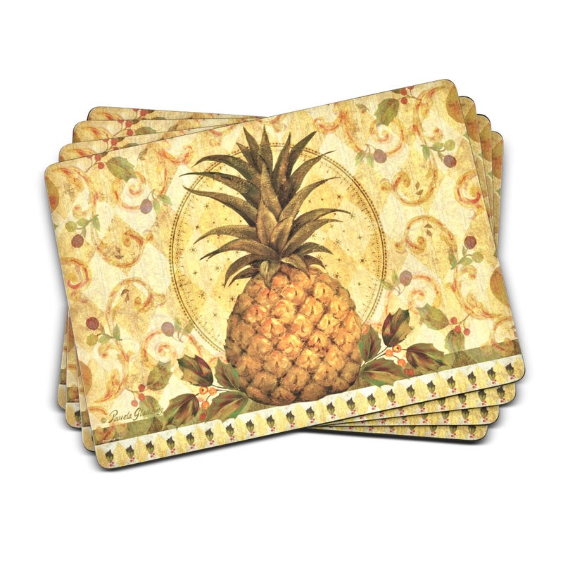 Pimpernel Golden Pineapple Collection Placemats  Set of 4  Heat Resistant Mats  CorkBacked Board  Hard Placemat Set for Dining Table  Measures 157 x 117