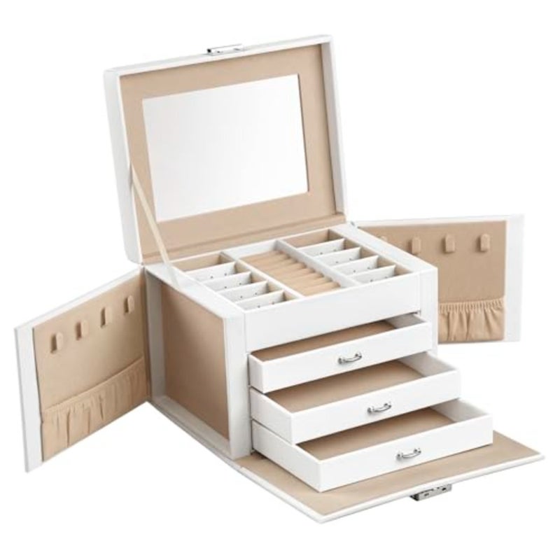 4-Tier Jewellery Box, Lockable Jewellery Organiser with Handle, 3 Drawers, Travel Jewellery Case with Mirror, Jewellery Storage, Modern Style, Gift for Loved Ones, White JBC159W01 - Image 1
