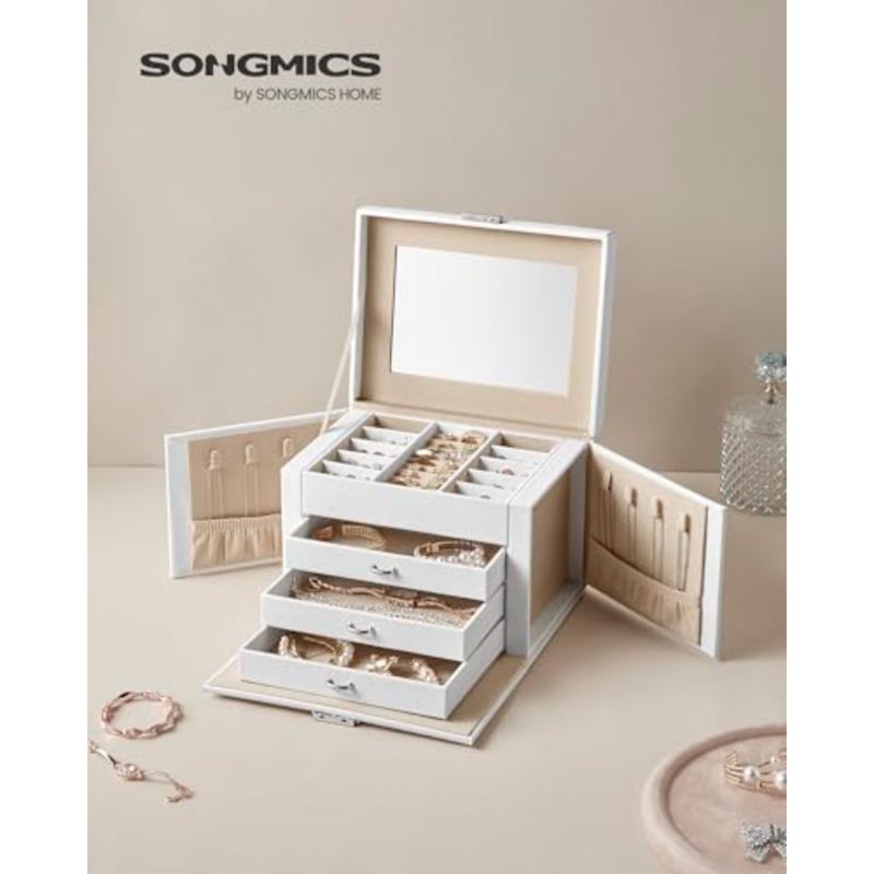 4-Tier Jewellery Box, Lockable Jewellery Organiser with Handle, 3 Drawers, Travel Jewellery Case with Mirror, Jewellery Storage, Modern Style, Gift for Loved Ones, White JBC159W01 - Image 2