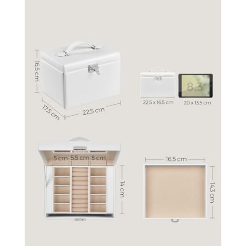 4-Tier Jewellery Box, Lockable Jewellery Organiser with Handle, 3 Drawers, Travel Jewellery Case with Mirror, Jewellery Storage, Modern Style, Gift for Loved Ones, White JBC159W01 - Image 5