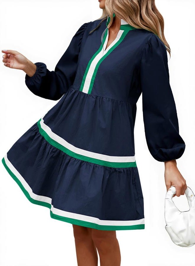LifeShe Womens Puff Long Sleeve Babydoll Dress V Neck Navy Blue Striped Color Block Tiered Mini Dresses, Blue, M - Image 1