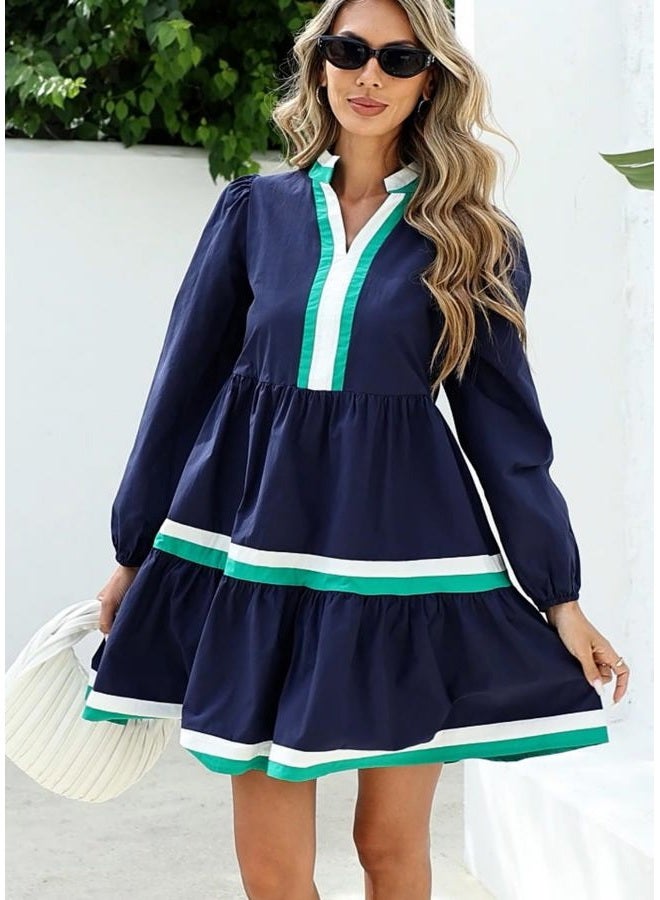 LifeShe Womens Puff Long Sleeve Babydoll Dress V Neck Navy Blue Striped Color Block Tiered Mini Dresses, Blue, M - Image 5