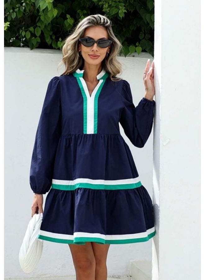 LifeShe Womens Puff Long Sleeve Babydoll Dress V Neck Navy Blue Striped Color Block Tiered Mini Dresses, Blue, M - Image 3
