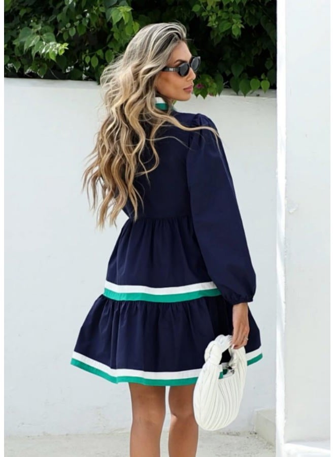 LifeShe Womens Puff Long Sleeve Babydoll Dress V Neck Navy Blue Striped Color Block Tiered Mini Dresses, Blue, M - Image 2