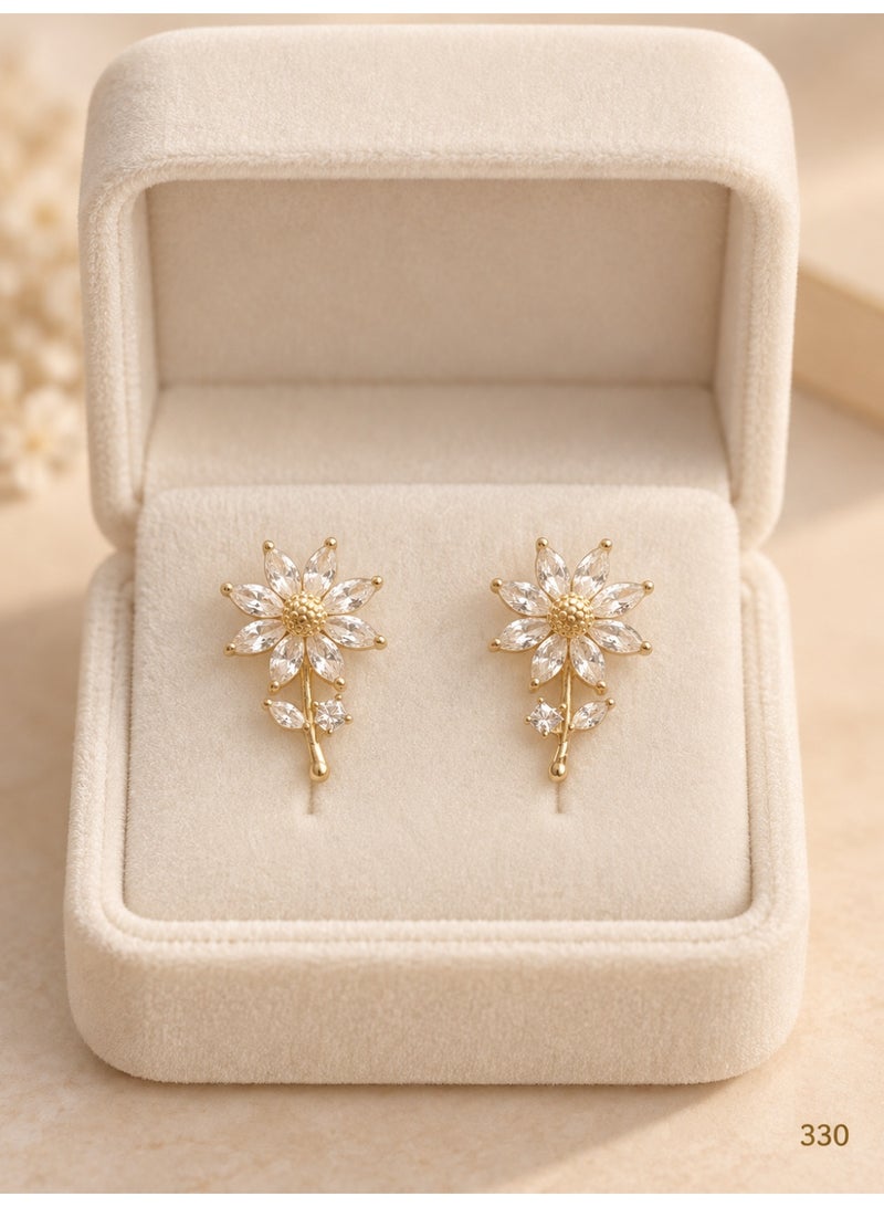 3Diamonds Flower Drop Earrings with Clear Faceted Accents, Gold Plated - Image 3