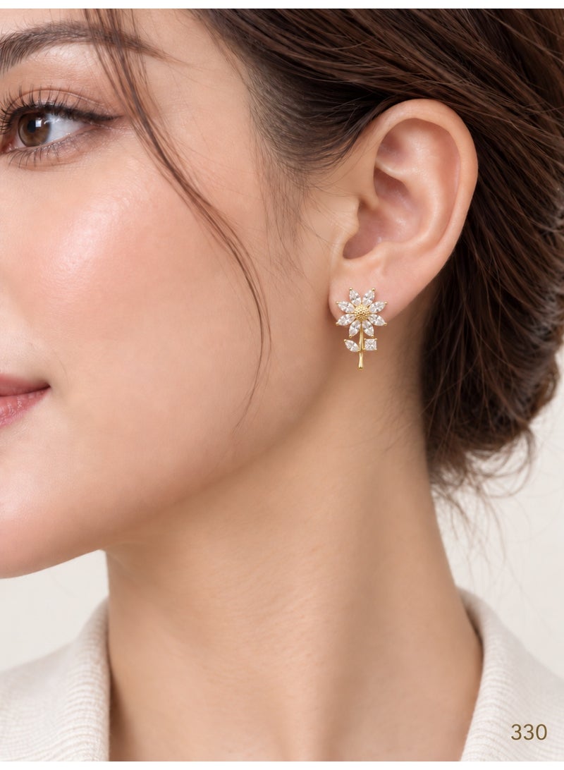 3Diamonds Flower Drop Earrings with Clear Faceted Accents, Gold Plated - Image 2