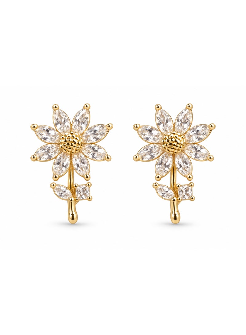 3Diamonds Flower Drop Earrings with Clear Faceted Accents, Gold Plated - Image 1