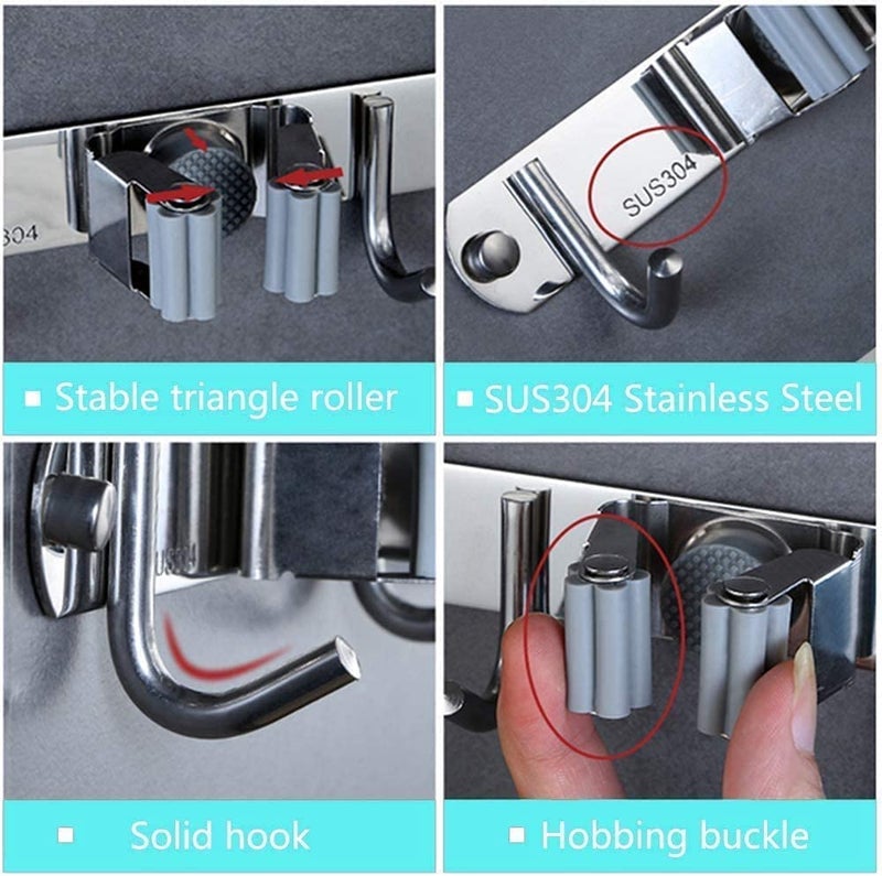 BluBasket Broom Mop Holder Wall Mount Stainless Steel Tool Hanger Storage Organizer For Home Kitchen Garage Garden Laundry Room Bathroom and Closet Shelves 4 Racks 5 Hooks - Image 4