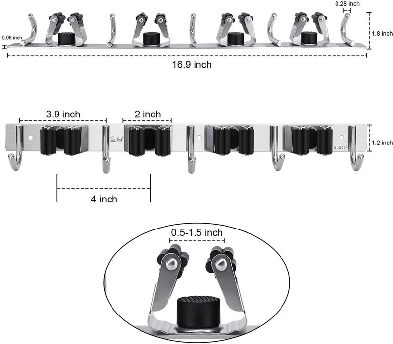 BluBasket Broom Mop Holder Wall Mount Stainless Steel Tool Hanger Storage Organizer For Home Kitchen Garage Garden Laundry Room Bathroom and Closet Shelves 4 Racks 5 Hooks - Image 3