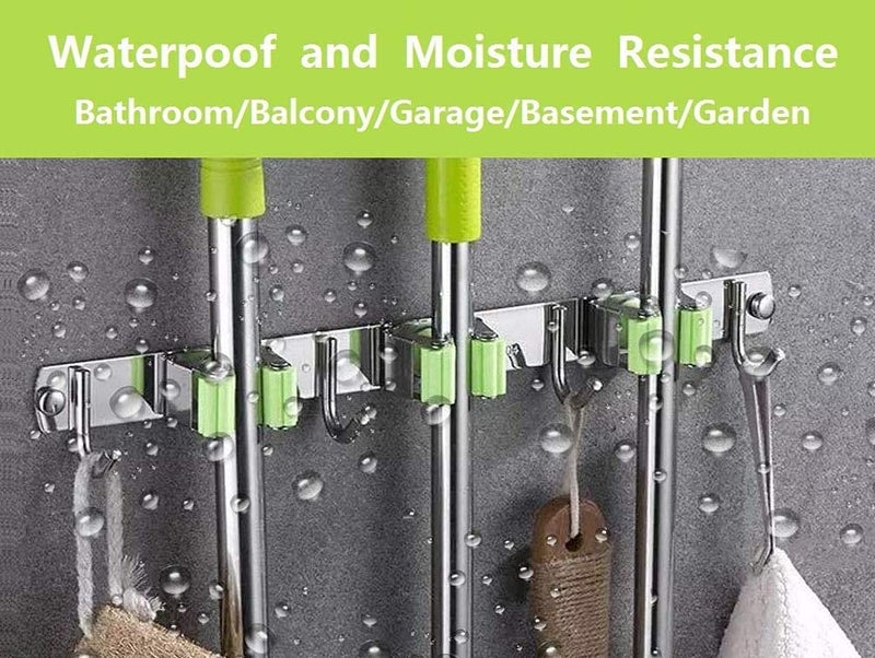BluBasket Broom Mop Holder Wall Mount Stainless Steel Tool Hanger Storage Organizer For Home Kitchen Garage Garden Laundry Room Bathroom and Closet Shelves 4 Racks 5 Hooks - Image 5