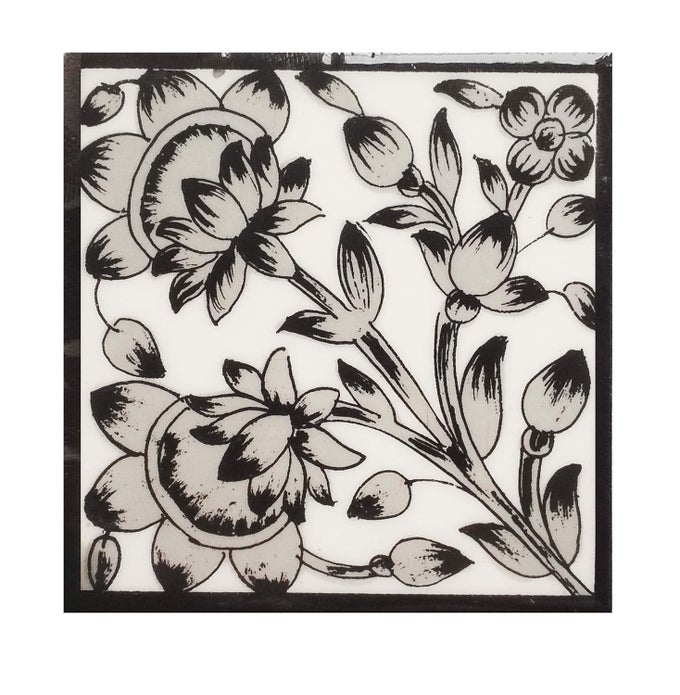 SHIV KRIPA CERAMIC ART POTTERY FLORAL DECORATIVE TRADITIONAL HANDCRAFTED TILE 6X6INCH BLACK AND WHITE PACK OF 6 TILES BLUE