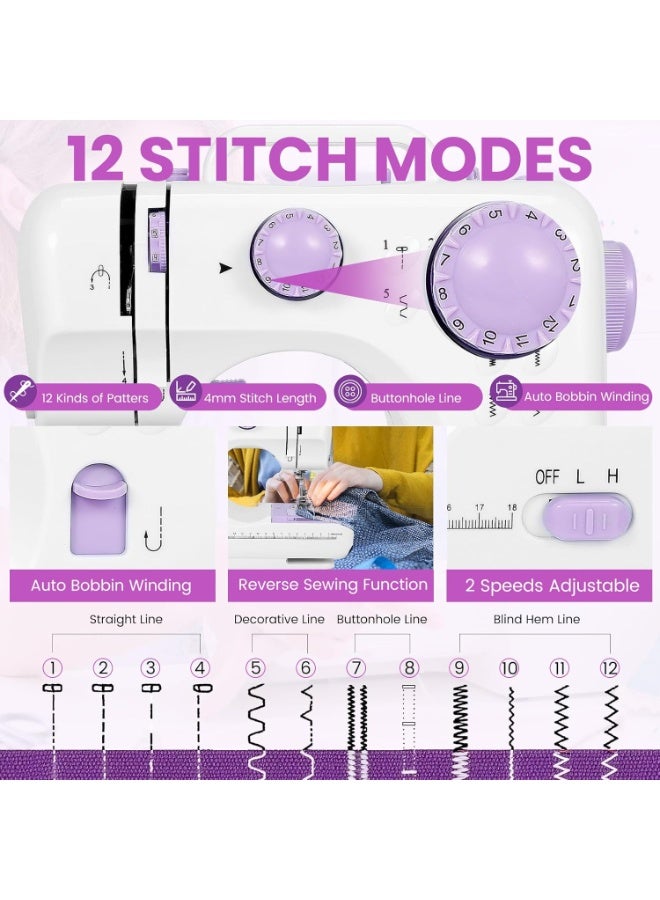 Household Sewing Machine, Electric Sewing Machine with 12 Stitch Patterns, Adjustable 2-Speed Control, Foot Pedal & LED Light, 32-Color Thread Set, Portable Mini Electric Sewing Kit for Home Projects, Kids & Adults - Image 2