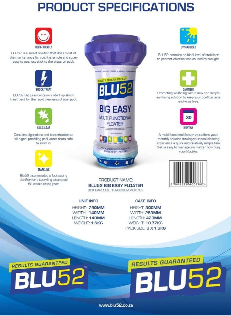 Blu - Blu52 Big Easy Multi-Functional Floating Swimming Pool Chemical Dispenser 1.6 KGs - Image 1