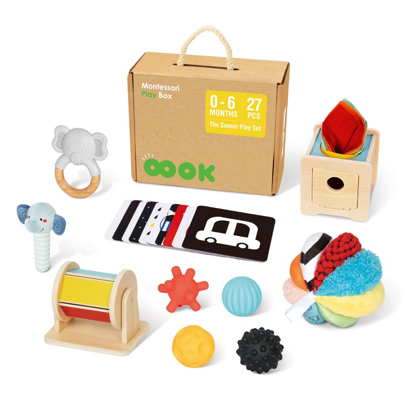OOOK Montessori Toys 06 Months Montessori Toy Set 7 in 1 Newborn Baby Toys with Spinning Drum Tissue Box Toy Sensory Balls Contrast Cards and More - Image 2