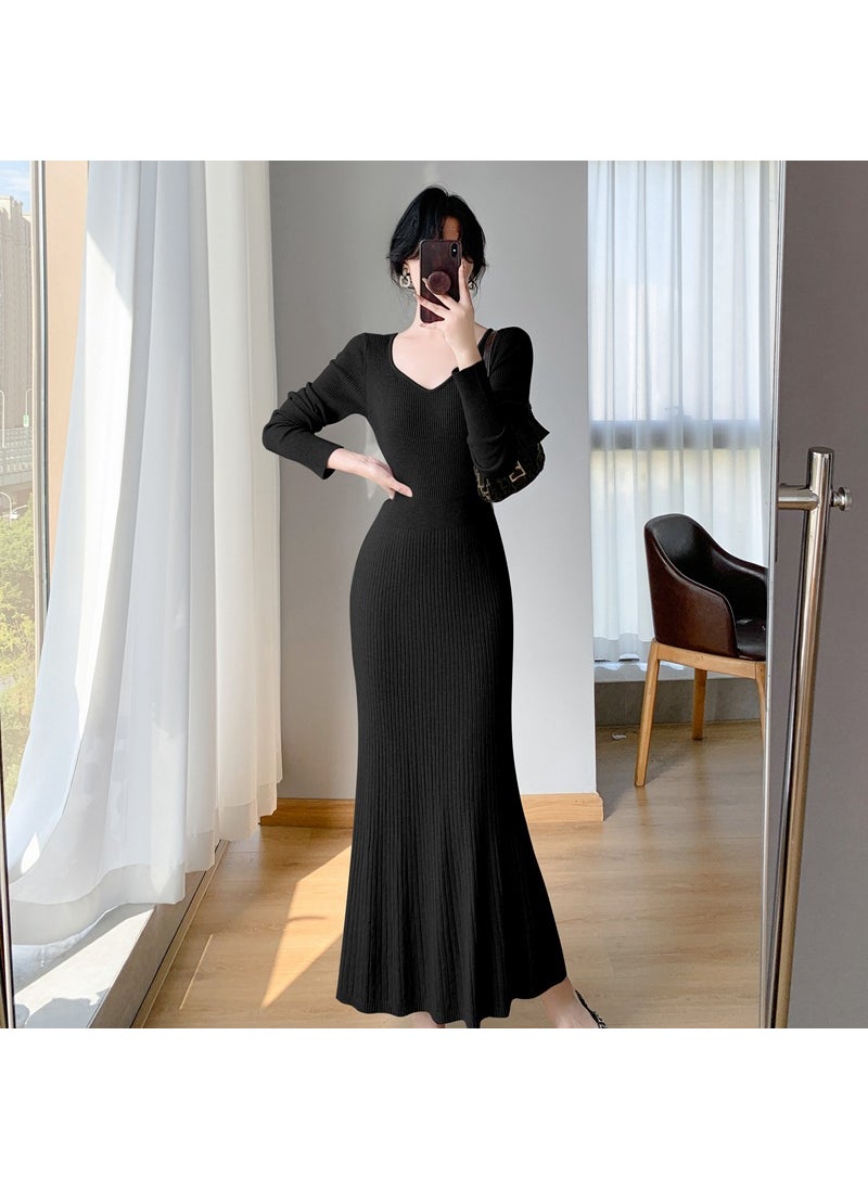 Generic 2024 Autumn/Winter Long Knee-Length Sweater Dress V-Neck Bustier Womens Knitwear Overcoat Inner Layer Base Layer Black 