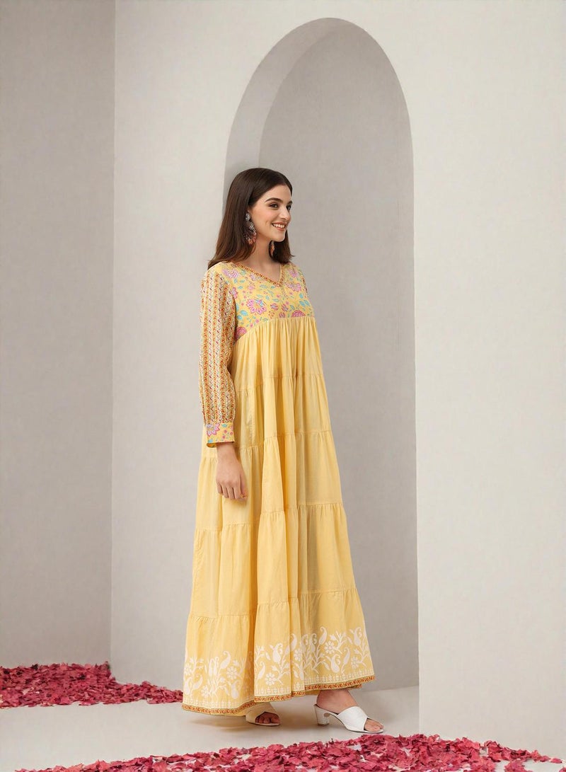 ISHIN Women's Yellow 100% Cotton Embellished Midi Smock Straight Fit Dress - Image 3