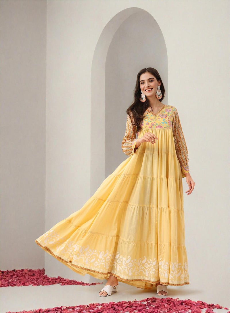 ISHIN Women's Yellow 100% Cotton Embellished Midi Smock Straight Fit Dress - Image 1