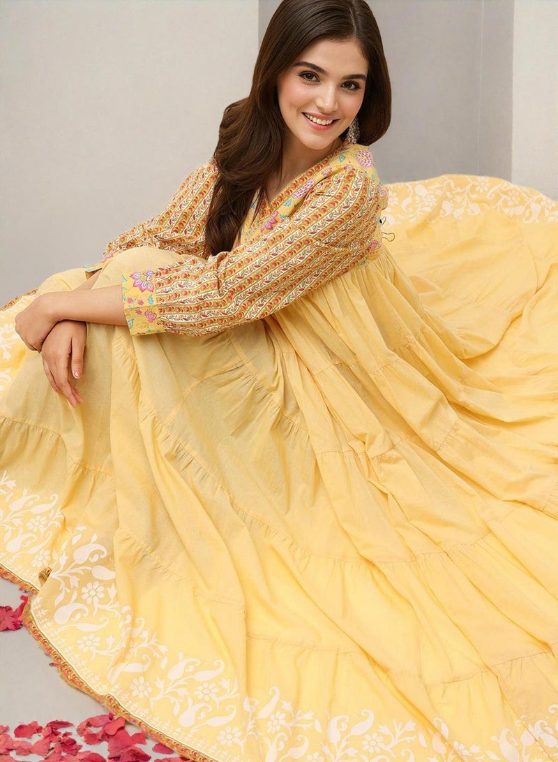 ISHIN Women's Yellow 100% Cotton Embellished Midi Smock Straight Fit Dress - Image 5