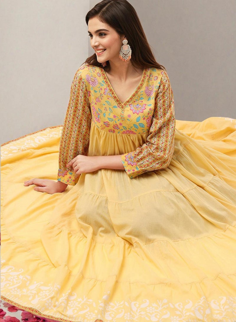 ISHIN Women's Yellow 100% Cotton Embellished Midi Smock Straight Fit Dress - Image 4