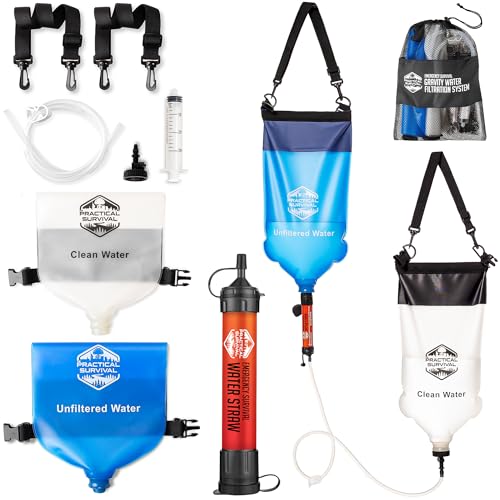 Practical Survival Gravity Water Filtration System – 2 High Capacity Lightweight Hanging Bags for Backpacking, Camping, Survival, Hiking, Hunting - Dirty, Clean Water Bags, Water Filter and Cleaning Plunger Included - Image 5