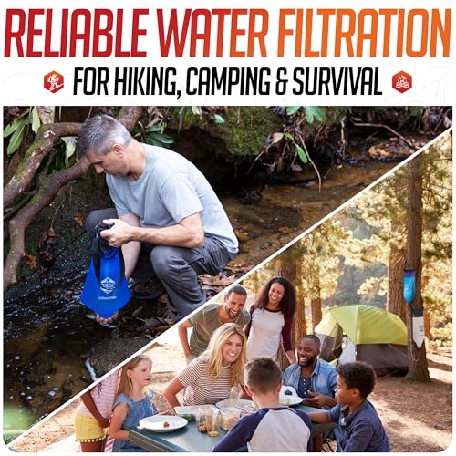 Practical Survival Gravity Water Filtration System – 2 High Capacity Lightweight Hanging Bags for Backpacking, Camping, Survival, Hiking, Hunting - Dirty, Clean Water Bags, Water Filter and Cleaning Plunger Included - Image 4