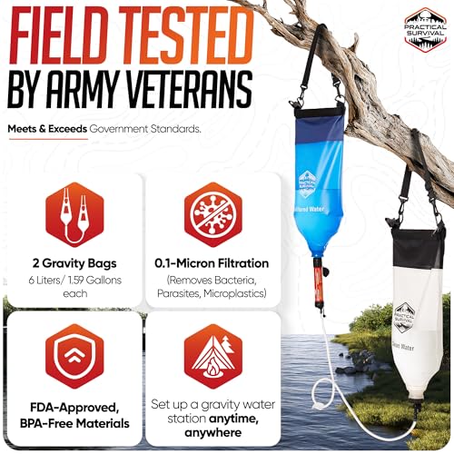 Practical Survival Gravity Water Filtration System – 2 High Capacity Lightweight Hanging Bags for Backpacking, Camping, Survival, Hiking, Hunting - Dirty, Clean Water Bags, Water Filter and Cleaning Plunger Included - Image 2