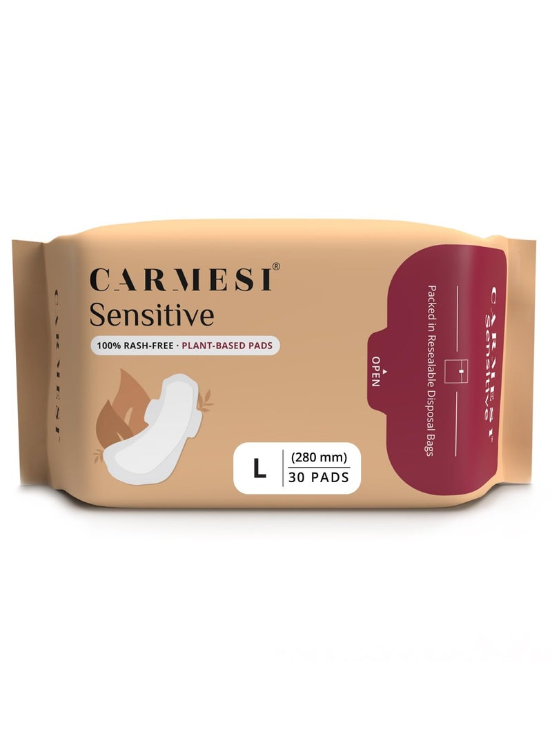 CARMESI Carmesi Sensitive Sanitary Pads - Pack of 30 Pads (Large) - Certified 100% Rash-Free by Gynecologist - Natural Plant Top Sheet - No Fragrance, No Chlorine - With Disposal Bags  - Image 1