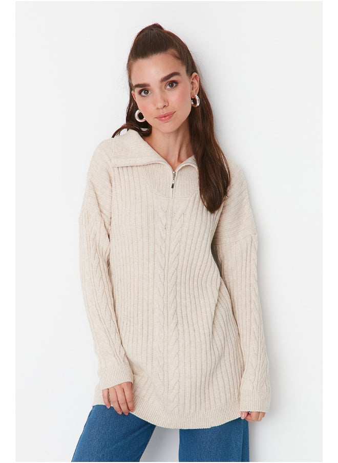 trendyol - Ecru Thessaloniki Braided Zippered Knitwear Sweater TCTAW23AK00017 - Image 1