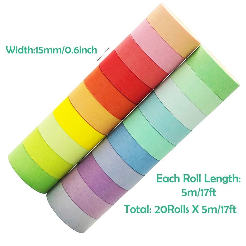 Maartla 20 Rolls Washi Tape Set, Rainbow Washi Tape Colorful Masking Tape 15mm Wide, Decorative Tape for Bullet Journal, Book, Planner, Scrapbooking, DIY Arts Crafts - Image 2